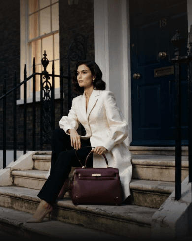 A woman in a cream coat seated on London townhouse steps with a burgundy leather handbag